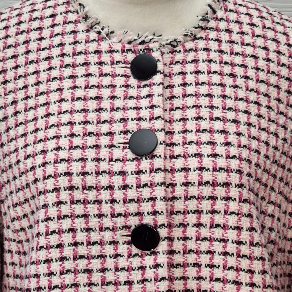 Kate Spade New York Pink Cropped Tweed Peplum Jacket Size 8 Fringe Bold Buttons - Picture 6 of 15